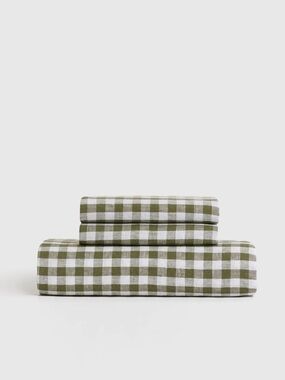 NWOT Linen Olive Gingham Queen Fitted Sheet Set - Retail $124
